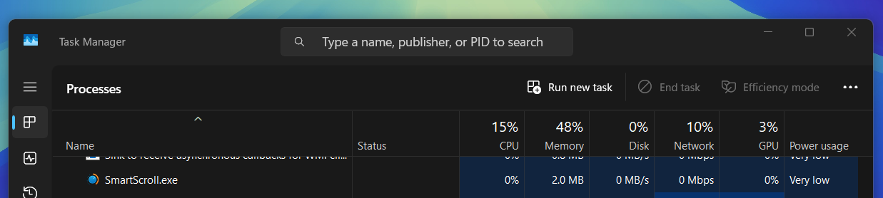Resource Monitor showing minimal usage